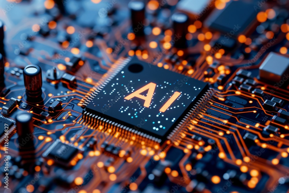 Aufkleber close-up view of ai chip on circuit board with bright orange and blue led lights illuminating the in