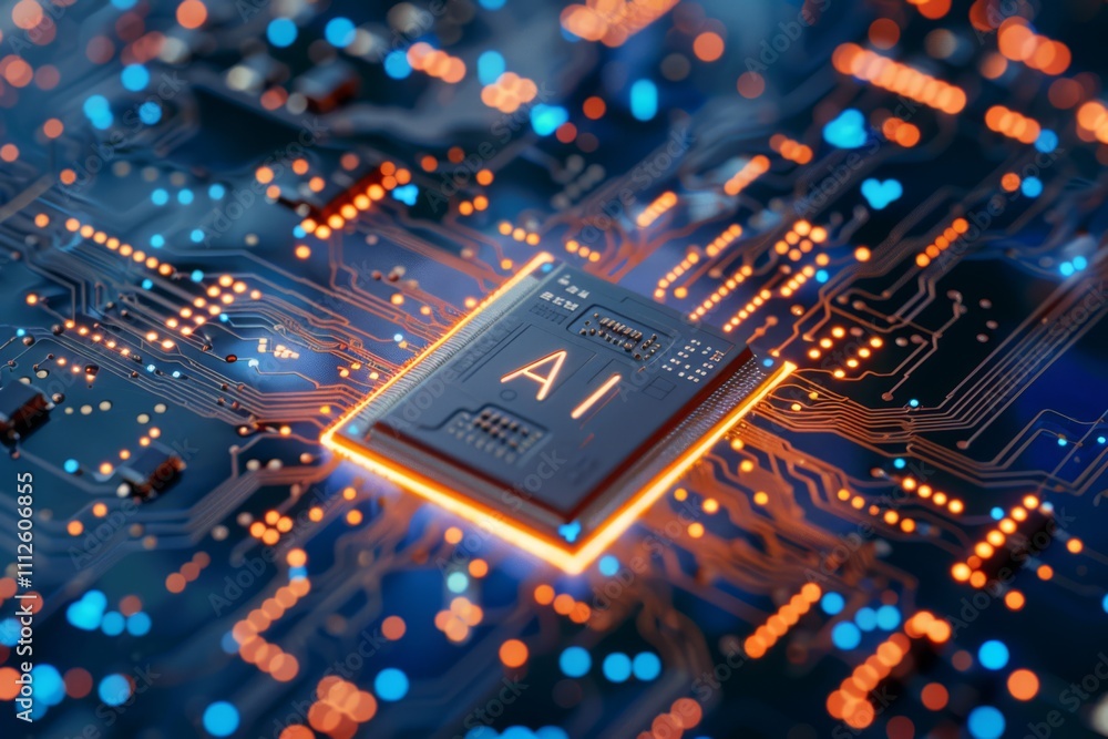 Poster close-up view of a computer circuit board with a prominent ai chip surrounded by glowing lights repr