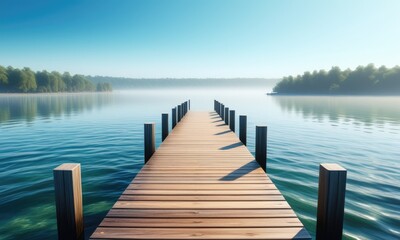 Tranquil wooden pier extending over serene lake with misty horizon