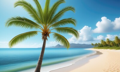 Tropical beach paradise with palm tree by turquoise ocean under blue sky