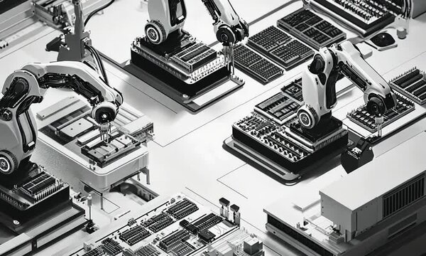 Robotic Arms Assembling Microchips on a Conveyor Belt