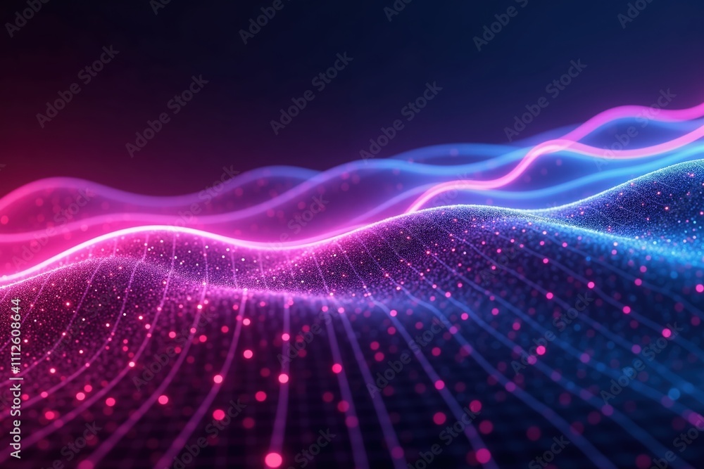 Poster colorful neon waves with abstract digital grid and glowing particles in dark space.