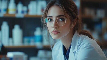Fototapeta premium Portrait woman of a confident pharmacist working in a drugstore female pharmacist working in chemist shop or pharmacy