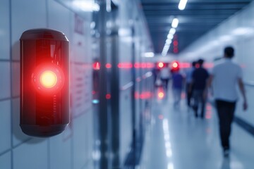 Fire alarms trigger evacuation response. Red light in a hallway with people walking.