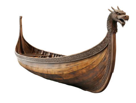 Viking longship in light brown wood, Detailed Viking longship with dragon prow