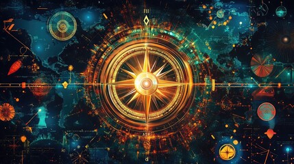 A radiant compass surrounded by symbols of different cultures