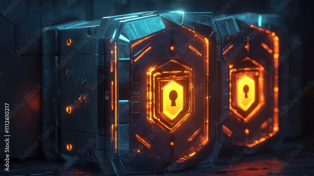 Poster a representation of a secure server glowing with protective shields and locks