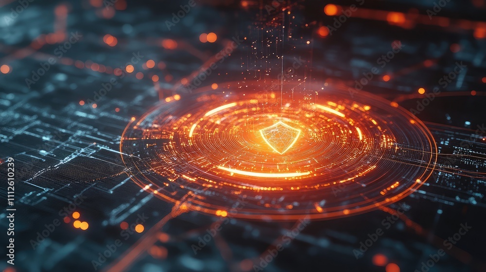 Poster a representation of a shield glowing over a digital network map