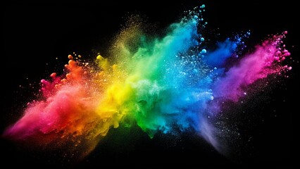 rainbow dust powder particles explosion, on a black background for overlay
