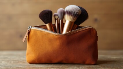 Delicate unzipped suede pouch revealing an elegant array of makeup brushes