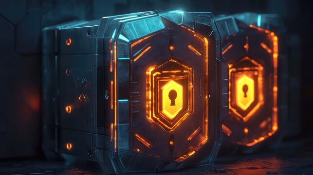 A representation of a secure server glowing with protective shields and locks