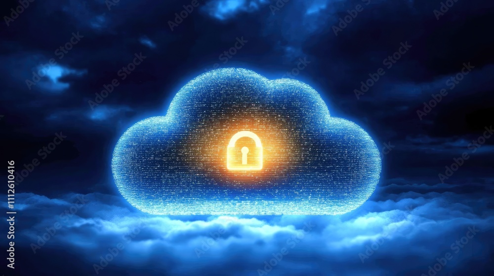 Poster a secure cloud glowing with layers of encrypted privacy symbols