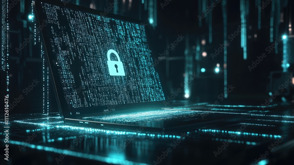 Poster a secure laptop screen glowing with binary code and a padlock icon