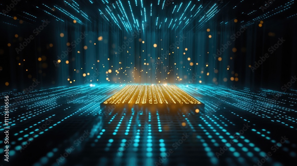 Poster a secure server glowing with rays of encrypted data patterns