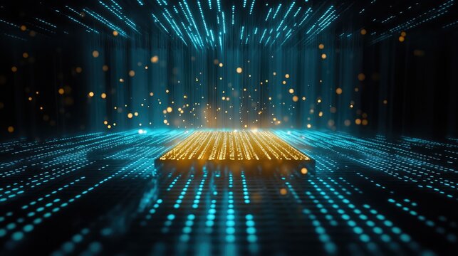 A secure server glowing with rays of encrypted data patterns