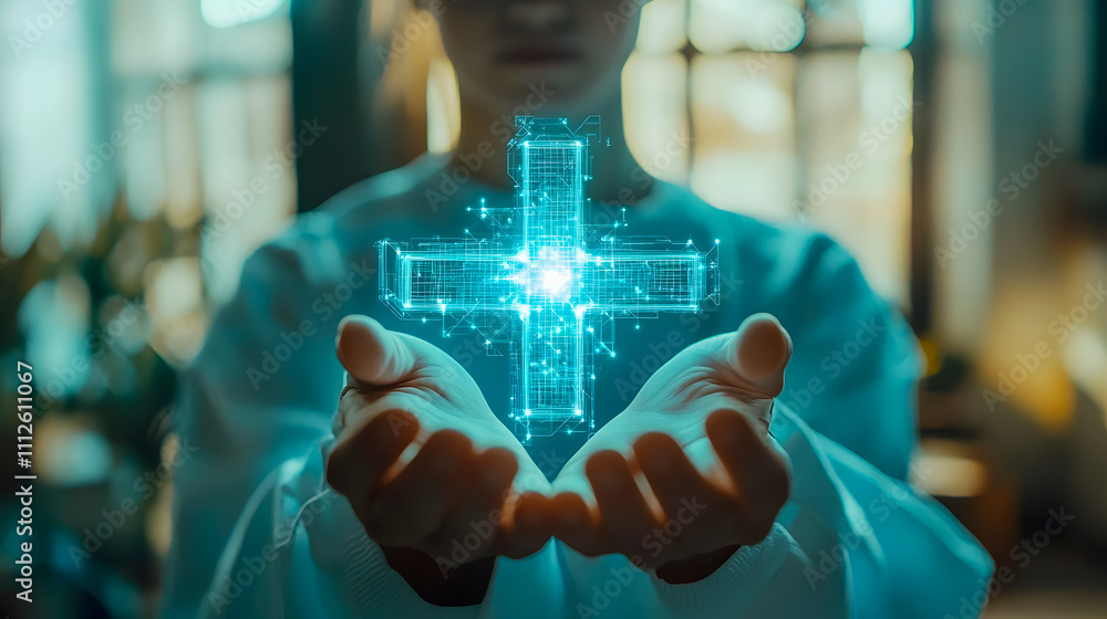 Poster digital representation of a glowing health cross symbol floating above hands in a modern setting ill
