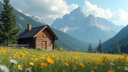 Rustic Wooden Cabin Surrounded by Colorful Wildflowers and Majestic Mountains