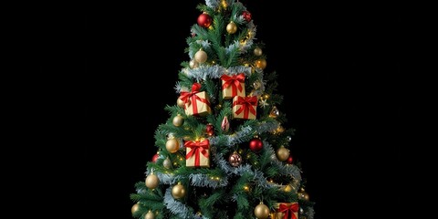 Obraz premium A festive Christmas tree adorned with twinkling lights, sparkling ornaments, and beautifully wrapped presents, isolated against a stark black backdrop.