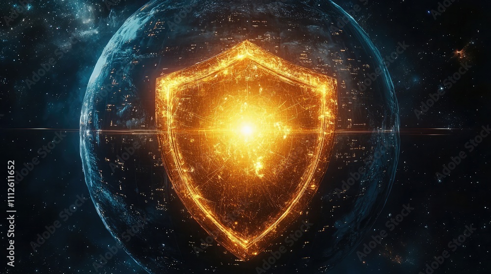 Poster a symbolic image of a glowing shield over a digital globe