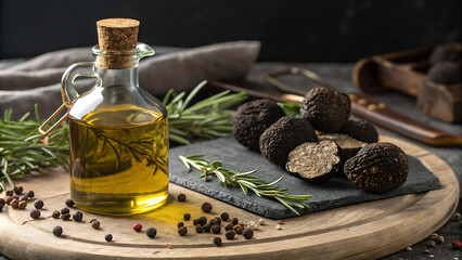 A rustic culinary scene with a bottle of rosemary-infused olive oil, fresh black truffles, peppercorns, and rosemary sprigs on a wooden table. A perfect composition for gourmet and natural cooking.