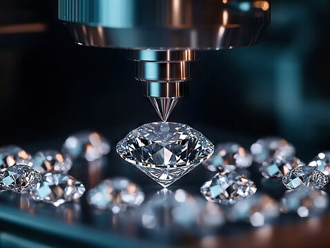 High precision machinery cutting diamonds with sparkling clarity and detail. intricate process showcases beauty of gemstones in captivating industrial setting