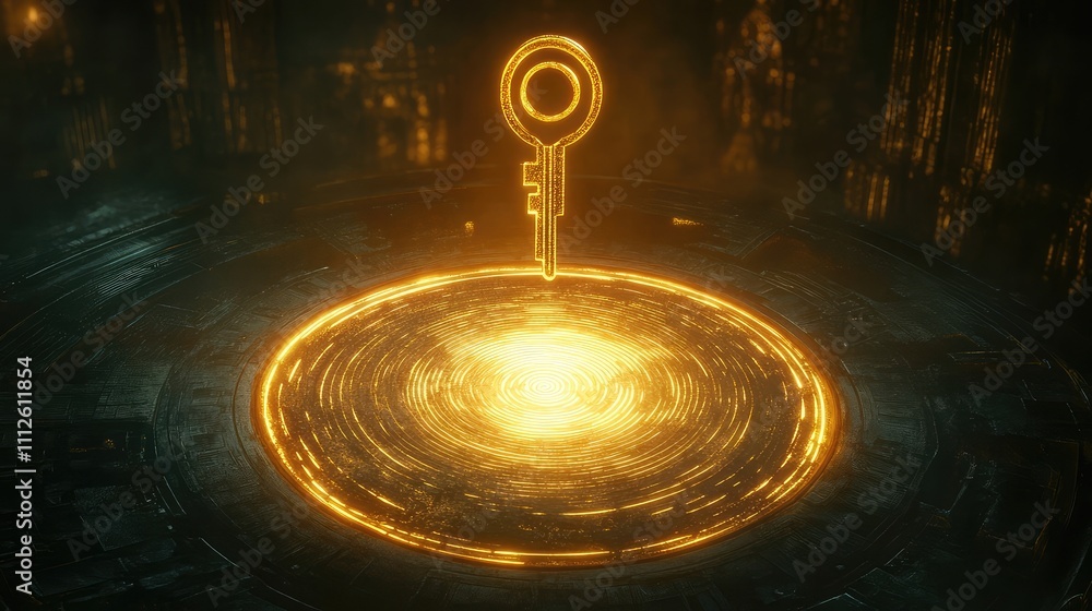 Poster a symbolic key hovering above a glowing fingerprint scanner