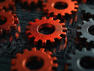 Gears on binary code symbolize technology and innovation, showcasing blend of mechanical and digital elements. vibrant red and black colors create striking visual impact