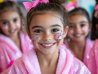A group of young girls in pink robes smiling at the camera