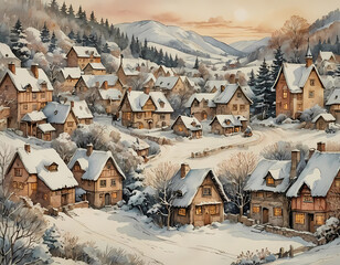 vintage watercolor style painting of a snow covered rural winter scene with a small village with medieval houses
