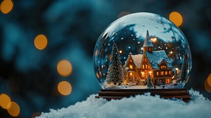 Fototapeta premium A charming snow globe featuring a cozy winter village scene.