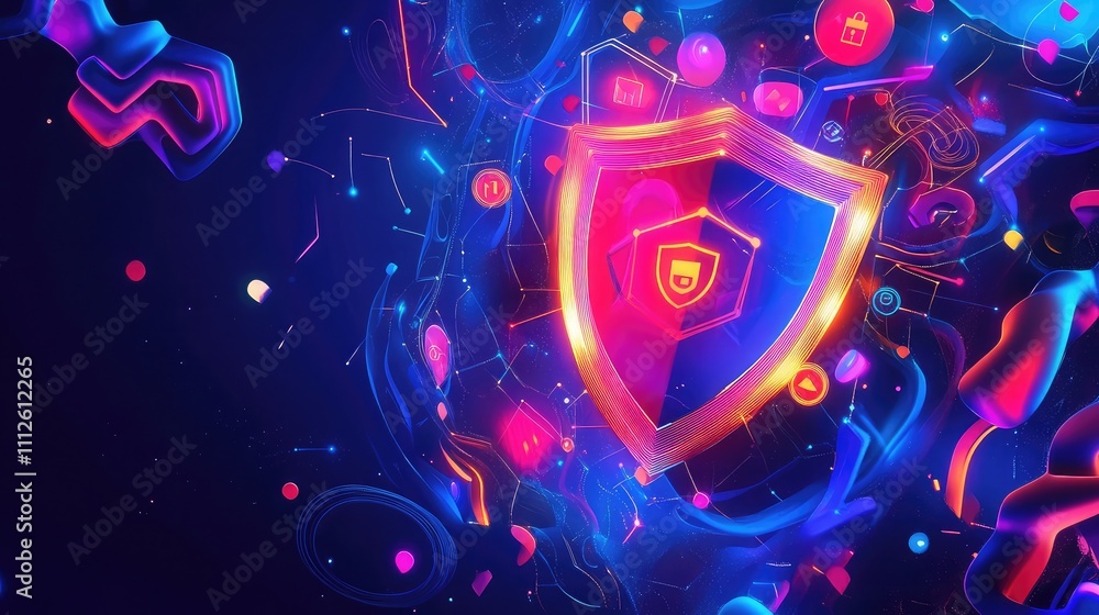 Poster a vibrant depiction of a shield glowing with privacy icons and encryption patterns