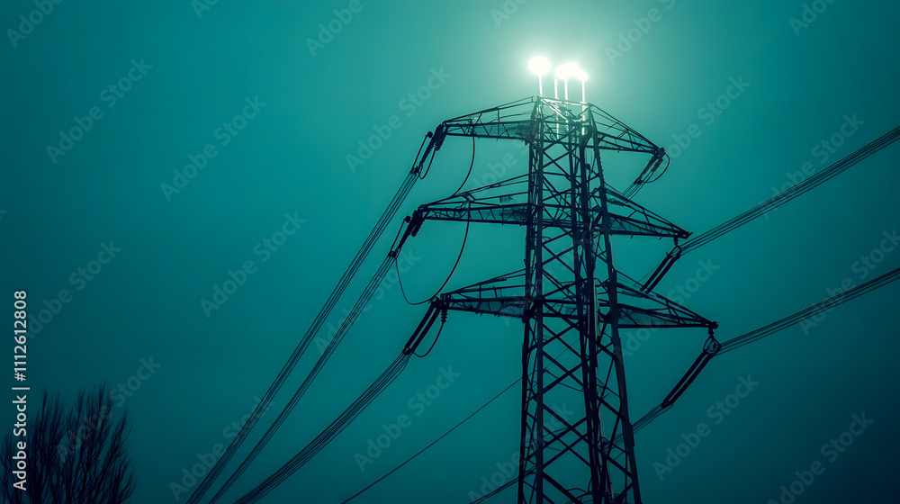 Poster towering power lines illuminated by bright lights in a misty night setting with a mysterious atmosph