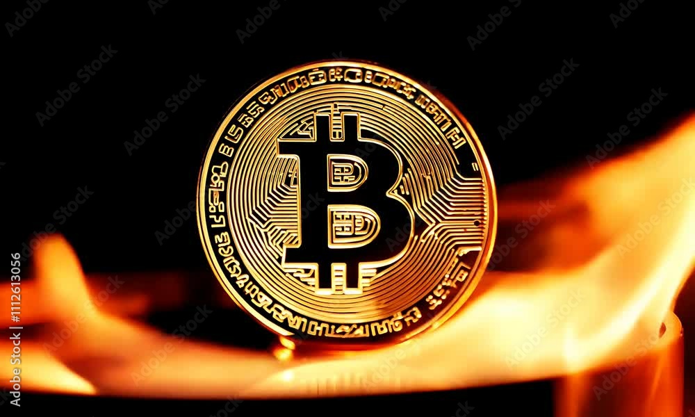 Poster bitcoin coin on fire abstract background animation
