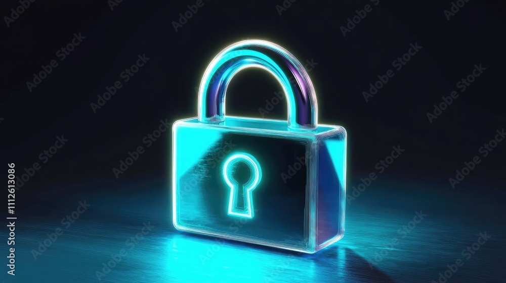 Poster a 3d glowing padlock overlayed on a holographic screen with encryption symbols