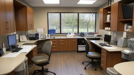 A clean and organized doctora??s office featuring both male and female professionals consulting over patient records