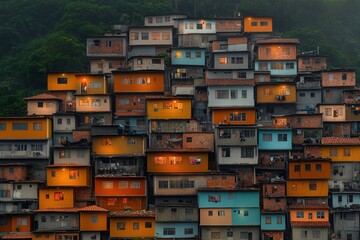 Overcrowded hillside favela in Rio de Janeiro showcasing colorful shacks and labyrinthine alleys filled with daily life and vibrant energy
