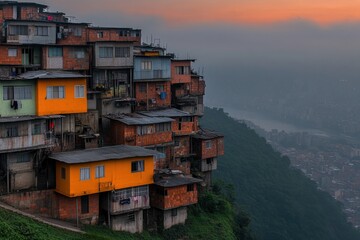 Vibrant favela community in Rio de Janeiro showcasing overcrowded hillside living as residents navigate narrow alleys at sunset