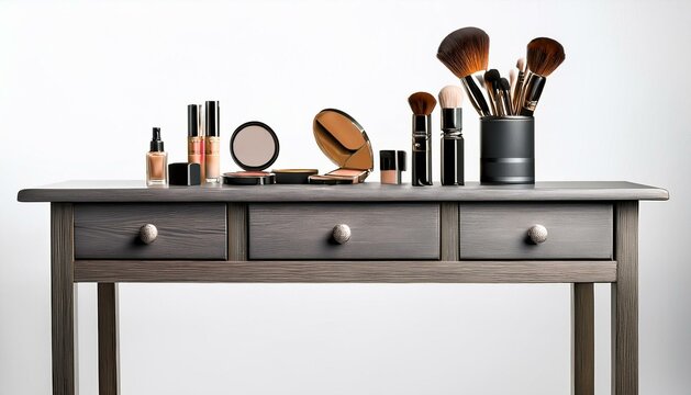 Un tocador de madera grisasea con brochas y maquillaje sobre de el en un espacio aislado blanco