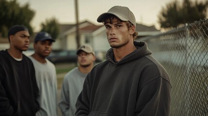 Gang confrontation unfolds in suburban neighborhood as youth circle lone individual by chain-link fence creating tension and fear