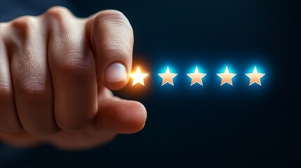 A close-up of a hand reaching out to select a star in a five-star rating system, depicting engagement and opinion in a modern digital interface.