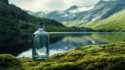 A glass water bottle on moss by a serene mountain lake.