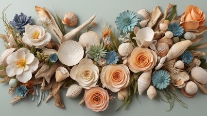 Fototapeta premium Coastal Floral Arrangement with Driftwood, Shells, and Pastel Roses
