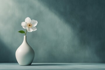 Simplistic white vase with single bloom on cool toned backdrop