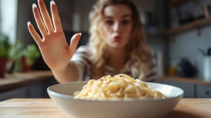 A young woman is pushing her hand forward, signaling to pause, as she is about to indulge in a bowl of pasta. The warm kitchen environment adds comfort to the moment of decision.
