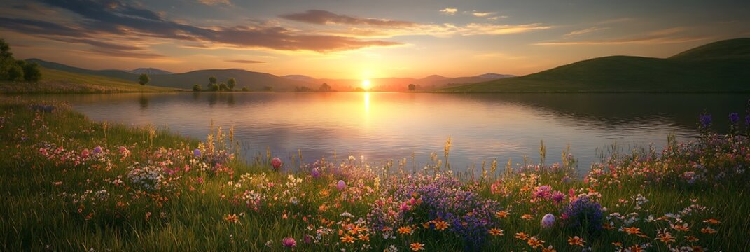 A serene Easter sunrise over a lake surrounded by wildflowers and grassy hills