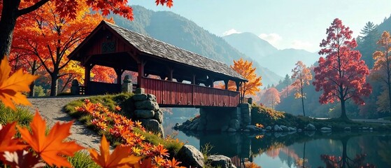 Obraz premium Autumn Covered Bridge Under a Blue Sky - AI Photorealistic Landscape