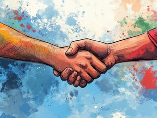Vibrant Watercolor Graffiti Illustration of Shaking Hands - Symbolizing Agreement or Contract
