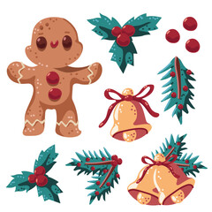 Naklejka premium Gingerbread cookie and Christmas tree branches, bells and holly berries vector cartoon set.