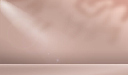 Beige background studio wall room. Showcase and place for product presentation. Pedestal and podium with spotlight. Graphic element for website. Realistic vector illustration