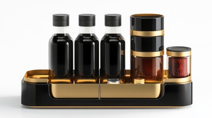 Obraz premium Elegant gold and black condiment organizer with bottles and jars.